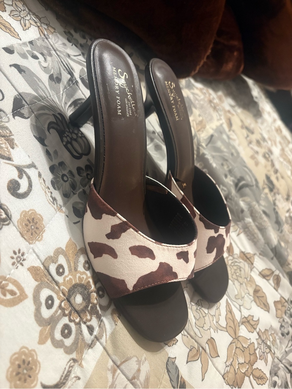 Seychelles Brown and Cream Cow-Print Slide Heels